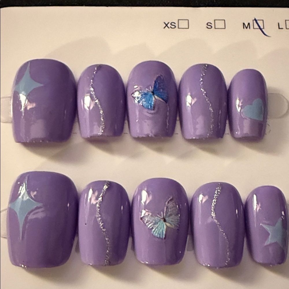 Purple Hand Painted Butterfly and Heart Nail Set. New. Medium Short. Reusable